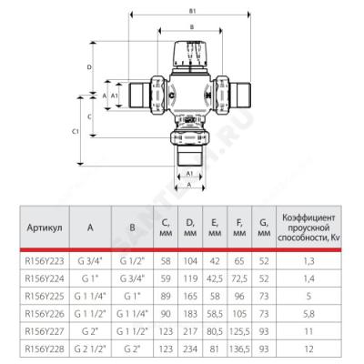 Клапан смесительный термостатический седельный латунь R156-2 Ду 15 Ру10 1/2" НР Kvs=1.3 65С с защитой от ожога Giacomini R156Y223