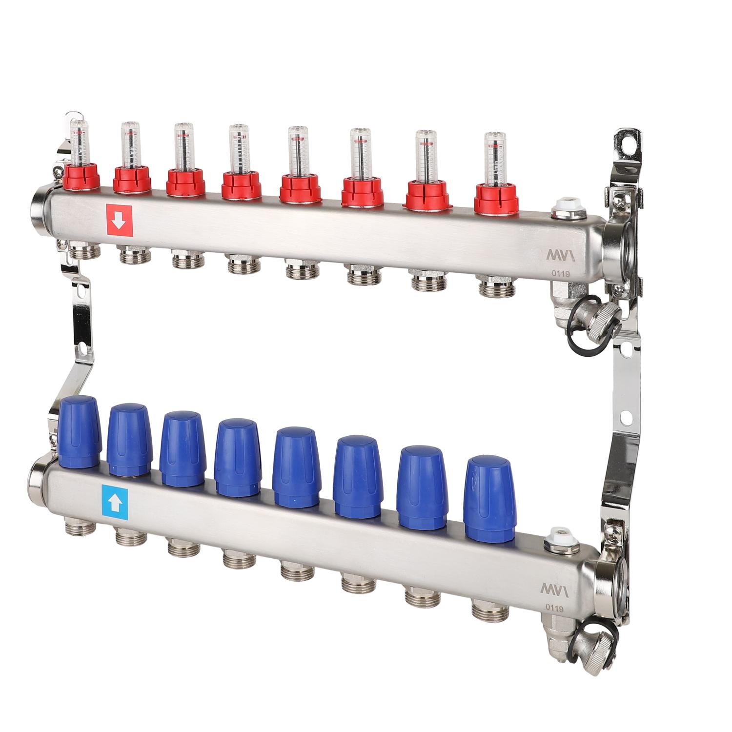 Коллектор с расходомерами, дренажным краном и краном Маевского, 8 вых.