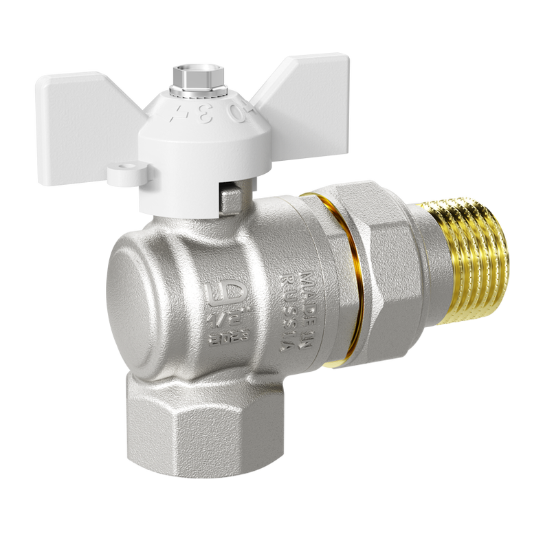 Кран шаровой латунный угловой LD Pride 47.15.В-ГШ.У.Б Ду 15 Ру 40 бабочка (white)