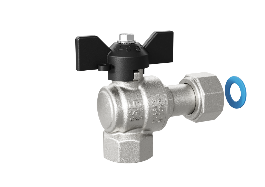 Кран шаровой латунный угловой с накидной гайкой LD Pride 47.15.В-НкГк.У.Б Ду 15 Ру 40 бабочка