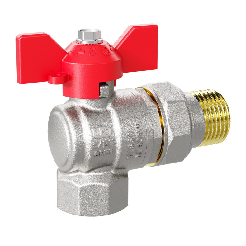 Кран шаровой латунный угловой LD Pride 47.25.В-ГШ.У.Б Ду 25 Ру 40 бабочка (red)