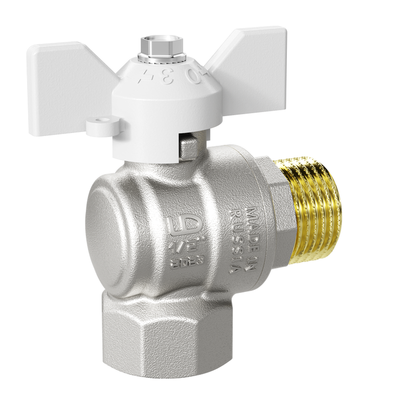 Кран шаровой латунный угловой LD Pride 47.15.В-Н.У.Б Ду 15 Ру 40 бабочка (white)
