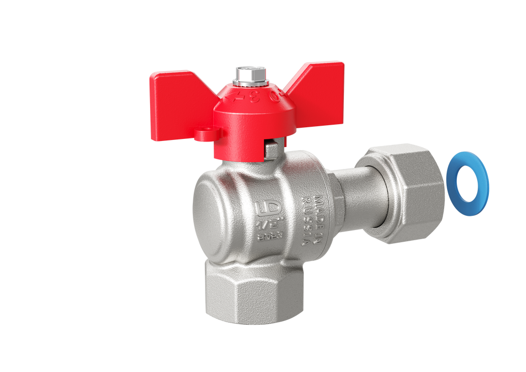 Кран шаровой латунный угловой с накидной гайкой LD Pride 47.15.В-НкГк.У.Б Ду 15 Ру 40 бабочка (red)