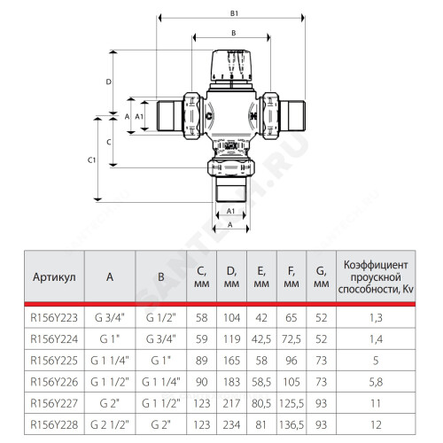 Клапан смесительный термостатический седельный латунь R156-2 Ду 20 Ру10 3/4" НР Kvs=1.4 65С с защитой от ожога Giacomini R156Y224