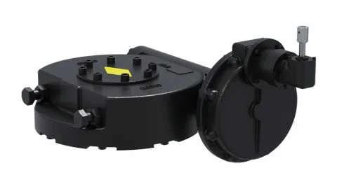 Редуктор LD-РВЧЧ-М63500-F35-КШ120 вертикальный червячный четвертьоборотный 63500Нм фланец F35 вал круглый 120 шпон-паз